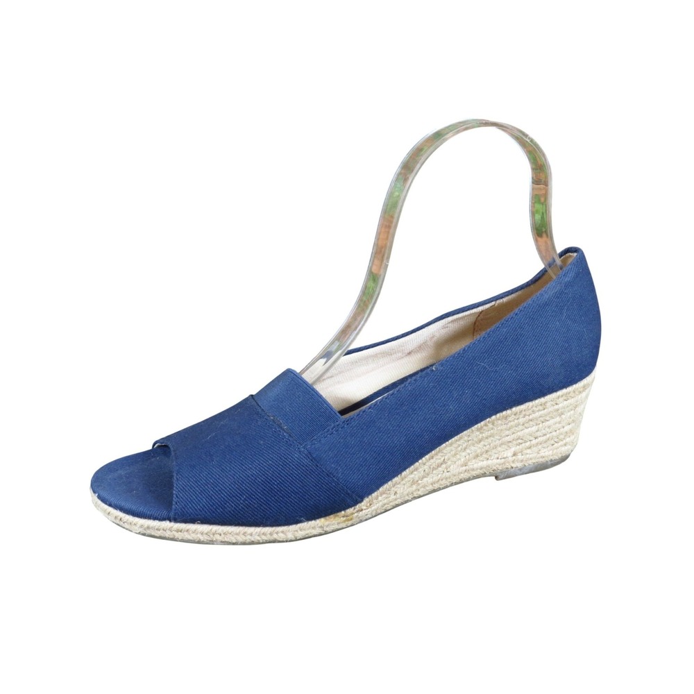 LifeStride Sola Women Peep Toe Wedge Sandals 8.5 Navy Blue Fabric Espadrille